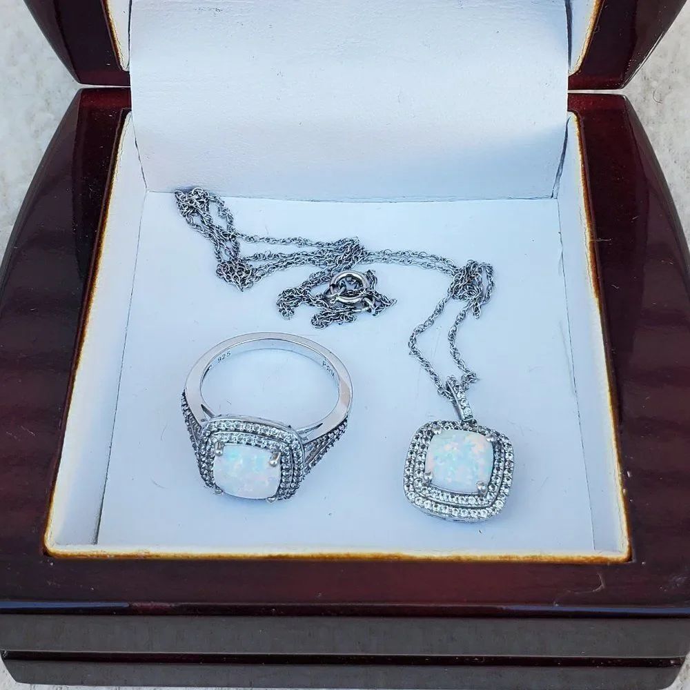 925 lab created opal and white sapphire necklace and ring set
